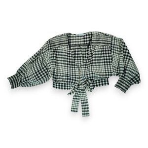 Zara Women's Gingham Crop‎ Top Size Medium Plaid Long Sleeve V-Neck Cropped